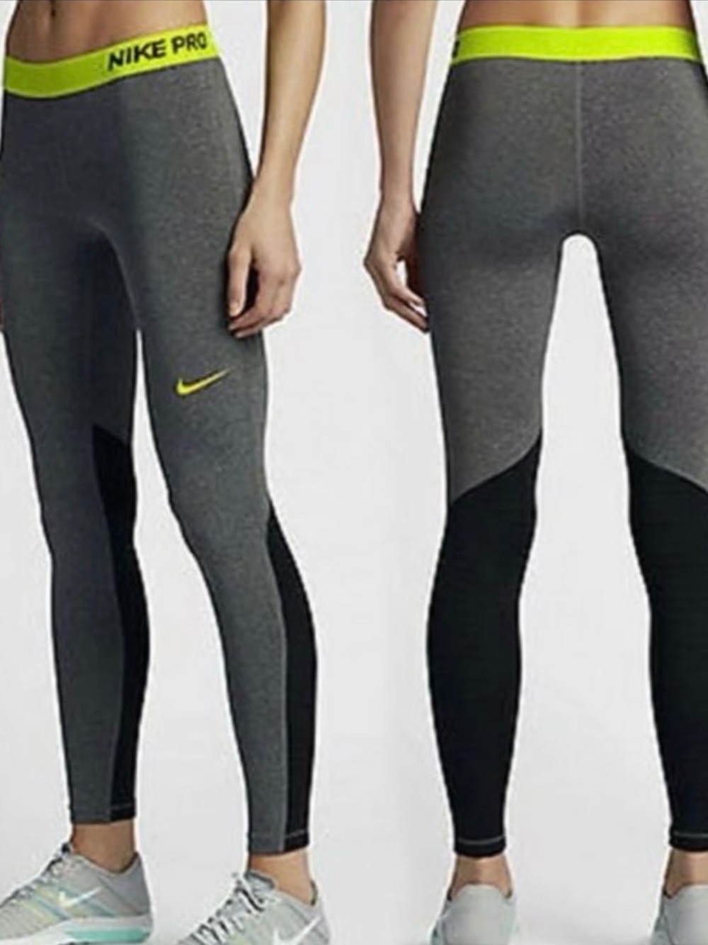 Nike Pro Gray Leggings with Neon Yellow Waistband